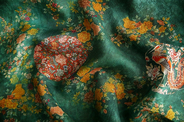 NANXU - Vintage Style Floral Print Green 42 Thread Count Ramie Fabric - 140cm wide by the Yard