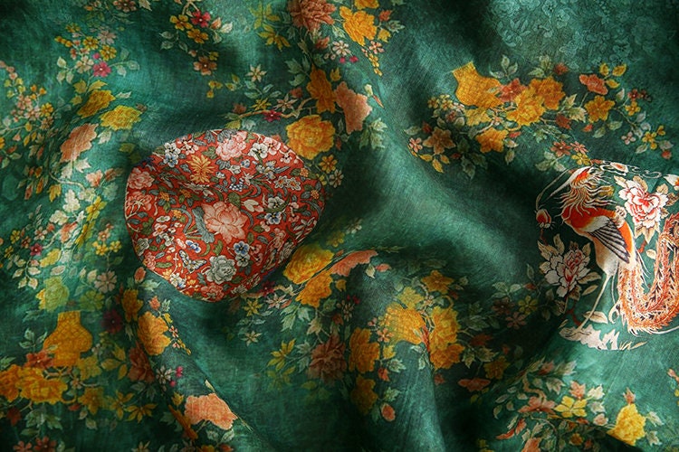 NANXU - Vintage Style Floral Print Green 42 Thread Count Ramie Fabric - 140cm wide by the Yard