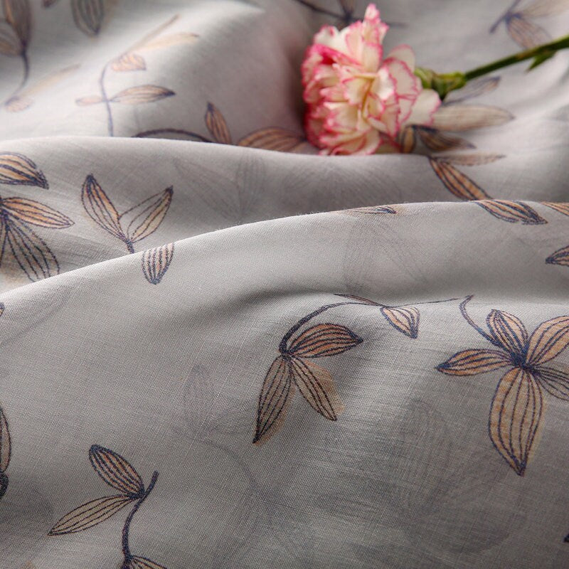 KONGLING Leaves Printed Light Gray 42 Thread Count Ramie Fabric - 140cm wide by the Yard