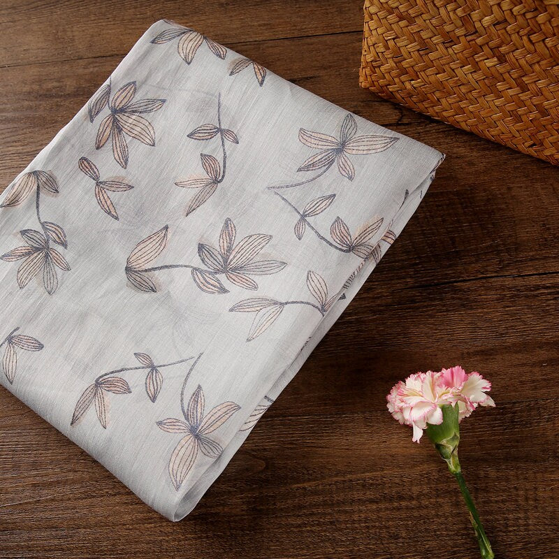 KONGLING Leaves Printed Light Gray 42 Thread Count Ramie Fabric - 140cm wide by the Yard