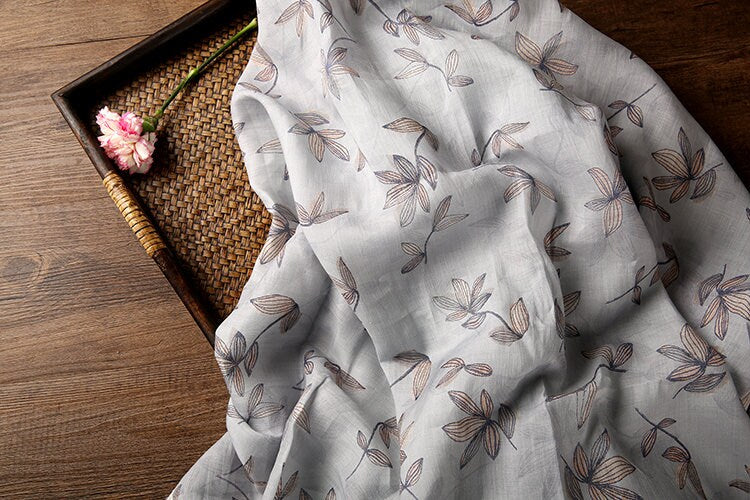 KONGLING Leaves Printed Light Gray 42 Thread Count Ramie Fabric - 140cm wide by the Yard