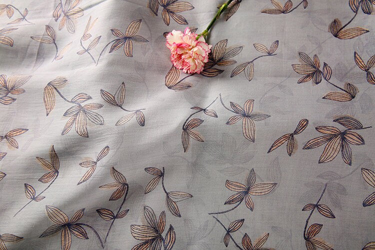 KONGLING Leaves Printed Light Gray 42 Thread Count Ramie Fabric - 140cm wide by the Yard