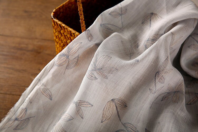 KONGLING Leaves Printed Light Gray 42 Thread Count Ramie Fabric - 140cm wide by the Yard