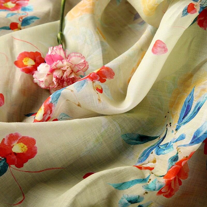 FUSHU - Soft Yellow Floral Print 42 Thread Count Ramie Fabric - 140cm wide by the Yard