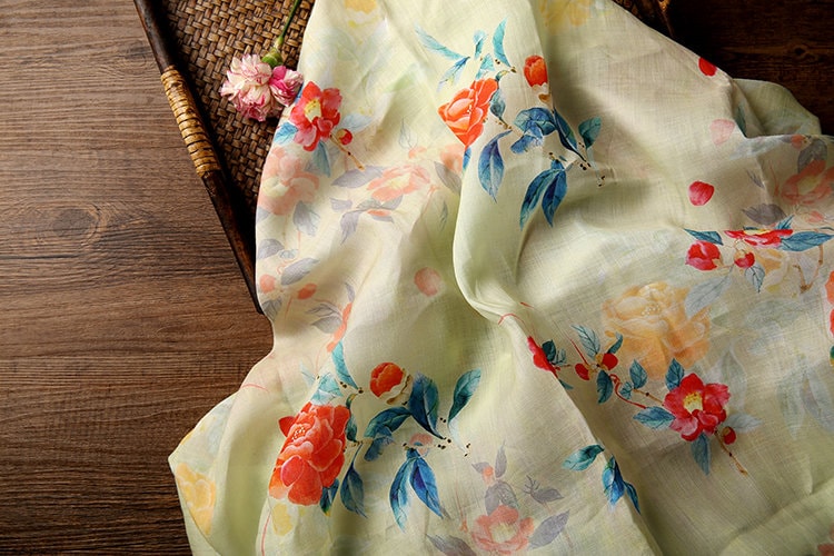 FUSHU - Soft Yellow Floral Print 42 Thread Count Ramie Fabric - 140cm wide by the Yard