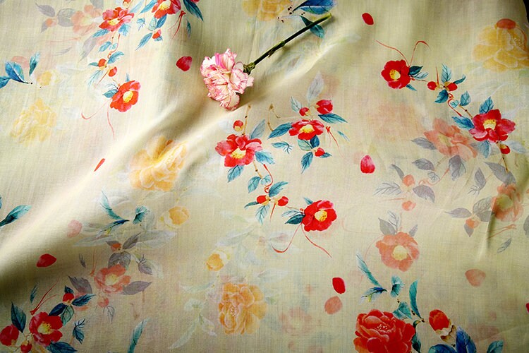 FUSHU - Soft Yellow Floral Print 42 Thread Count Ramie Fabric - 140cm wide by the Yard