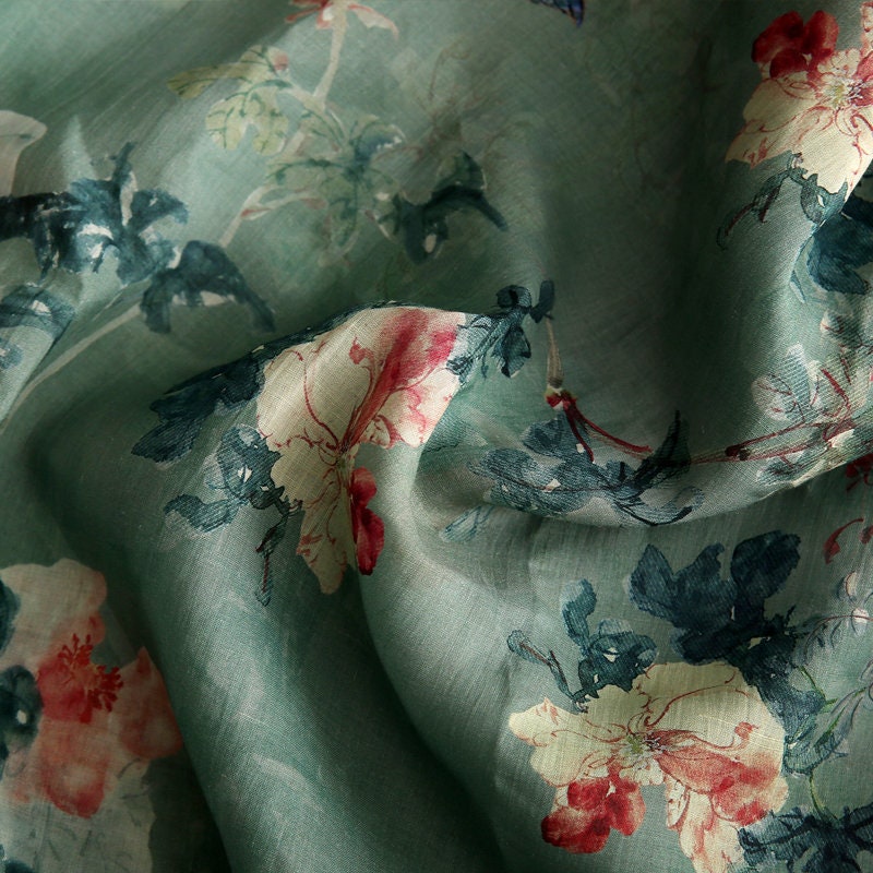 QINGCI Celandon Green Printed Floral Ramie fabric By the Yard