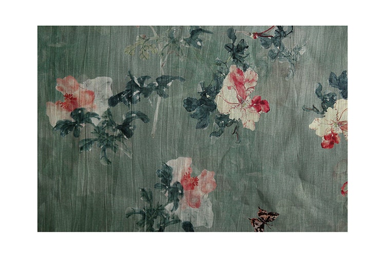 QINGCI Celandon Green Printed Floral Ramie fabric By the Yard