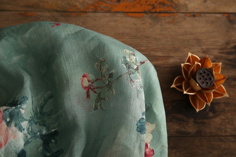 QINGCI Celandon Green Printed Floral Ramie fabric By the Yard