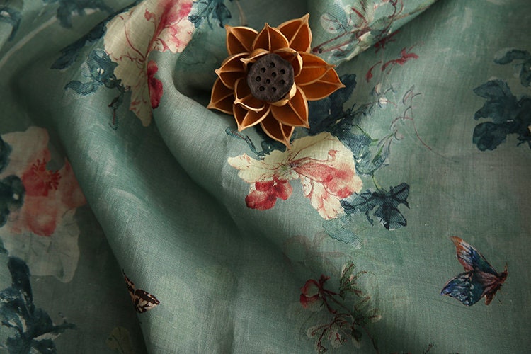 QINGCI Celandon Green Printed Floral Ramie fabric By the Yard