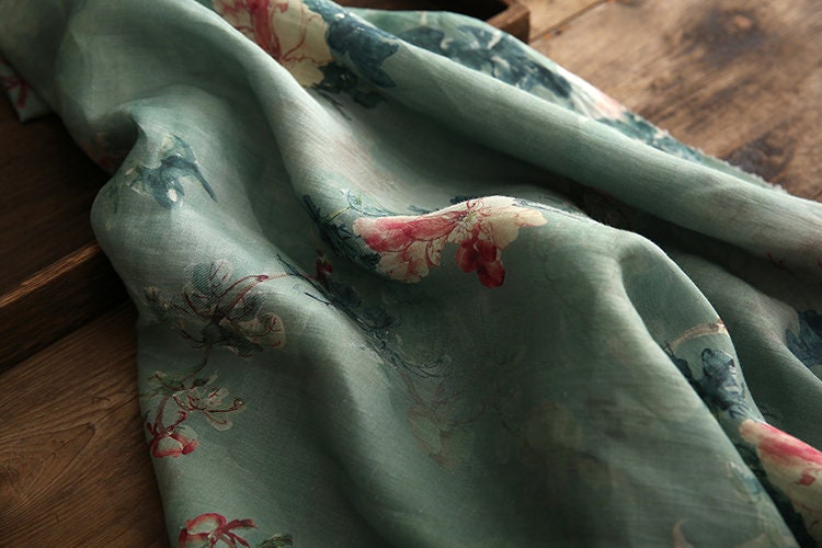 QINGCI Celandon Green Printed Floral Ramie fabric By the Yard