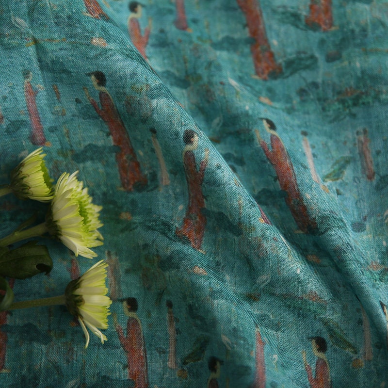 Dunhuang Prayer Printed Green Ramie Fabric By the Yard