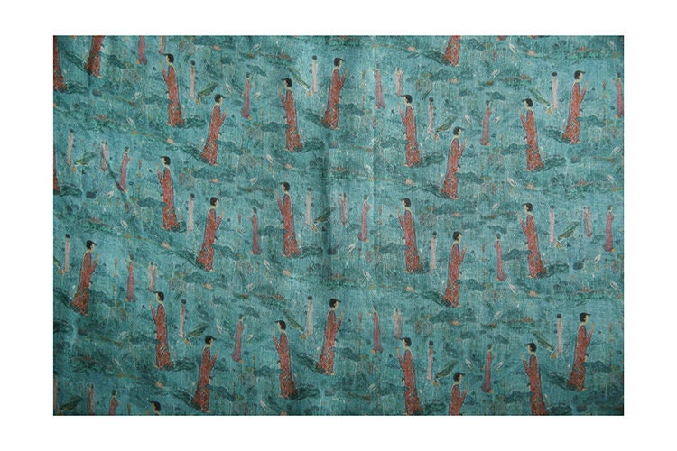 Dunhuang Prayer Printed Green Ramie Fabric By the Yard