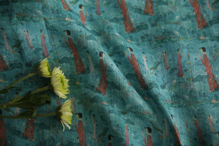 Dunhuang Prayer Printed Green Ramie Fabric By the Yard