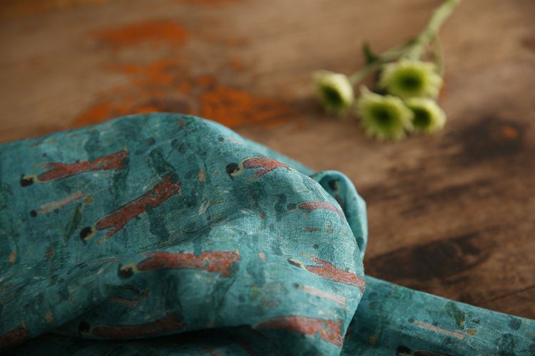 Dunhuang Prayer Printed Green Ramie Fabric By the Yard