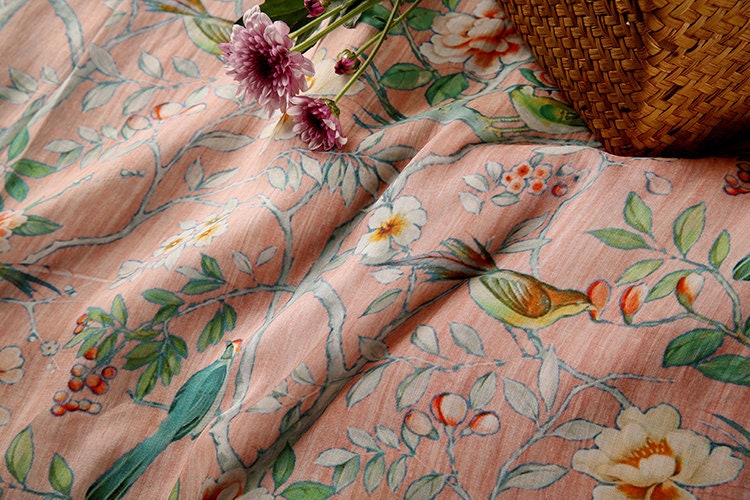 HUAGYING Bilttle Bird Floral Print Vintage Peach Pink Ramie fabric for designers By the Yard