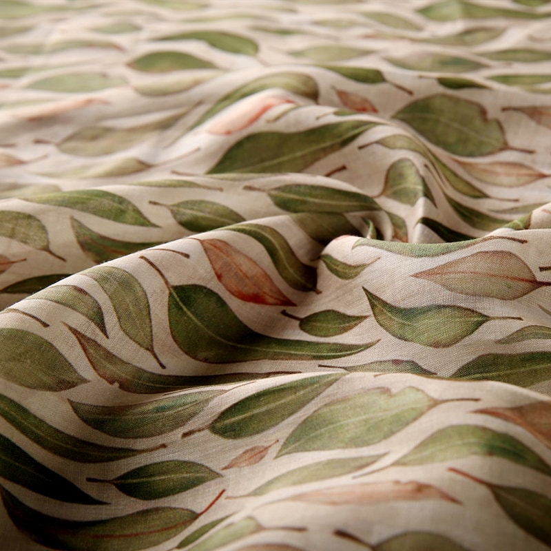 QIANLIU Vintage Leaves Printed Ramie fabric By the Yard