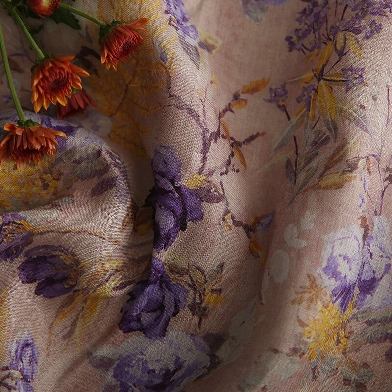 ZIWEI Purple Roses Floral Printed Ramie Fabric By the Yard