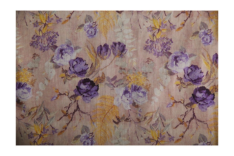 ZIWEI Purple Roses Floral Printed Ramie Fabric By the Yard
