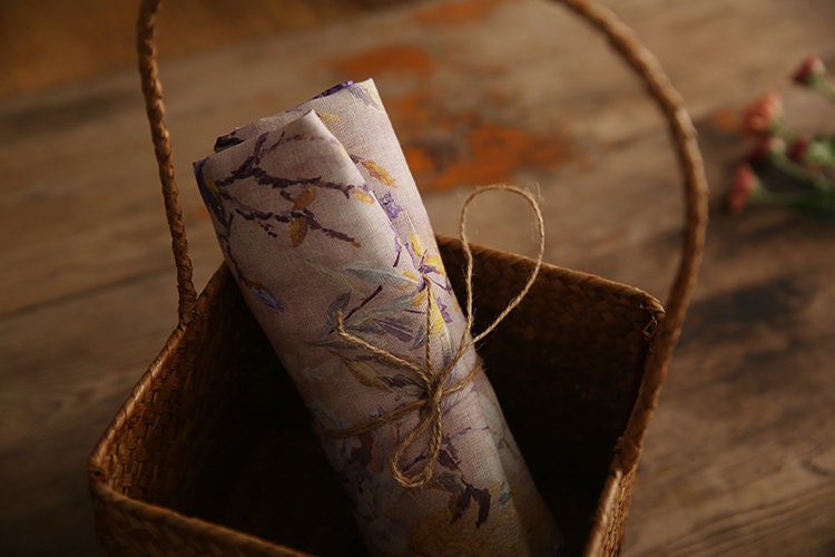 ZIWEI Purple Roses Floral Printed Ramie Fabric By the Yard