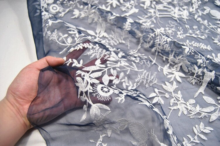 XIAOSUI - White Embroidered Silk Organza Fabric - 130cm wide by the Yard
