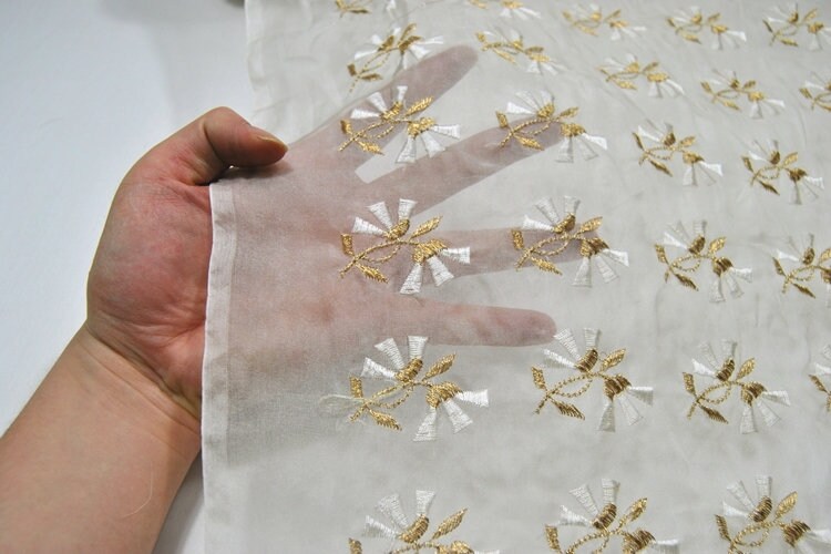 Beautiful flower Embroidered Silk Organza Fabric-By the Yard