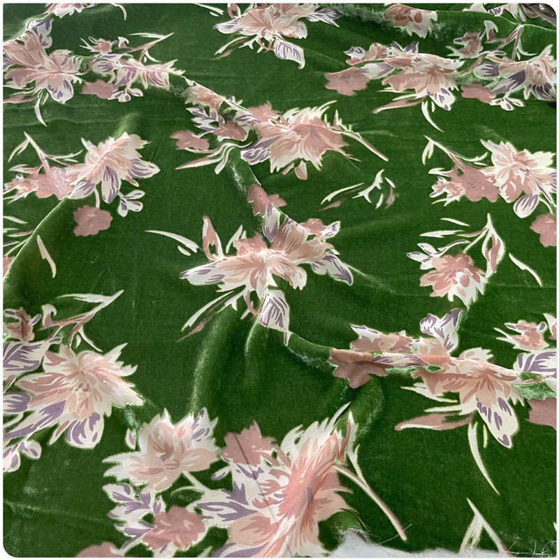 FURONG - Floral Sheer Burnout Green Silk Velvet Fabric - 114cm wide by the Yard
