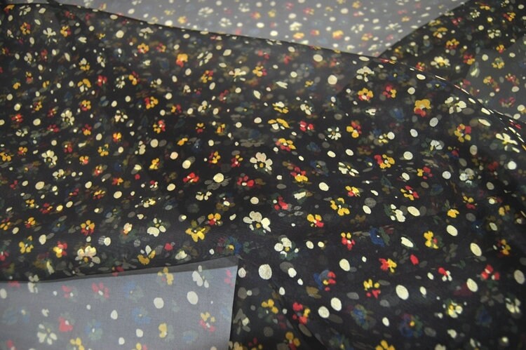 Black Silk Organza Floral Print Fabric By the Yard