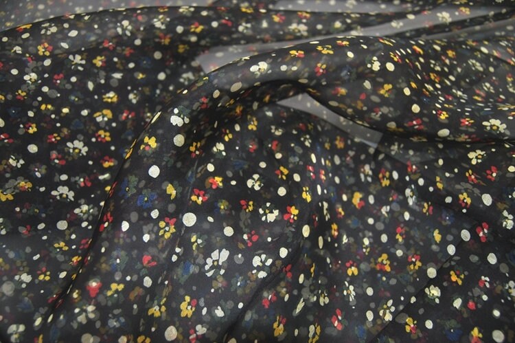 Black Silk Organza Floral Print Fabric By the Yard