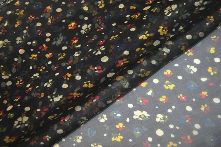 Black Silk Organza Floral Print Fabric By the Yard