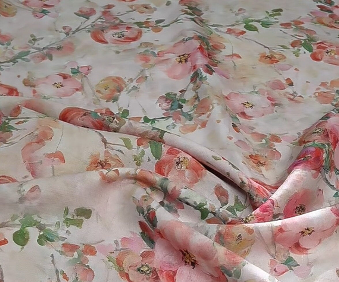 CHAHUA Pink Camellia Print Ramie Fabric By the Yard