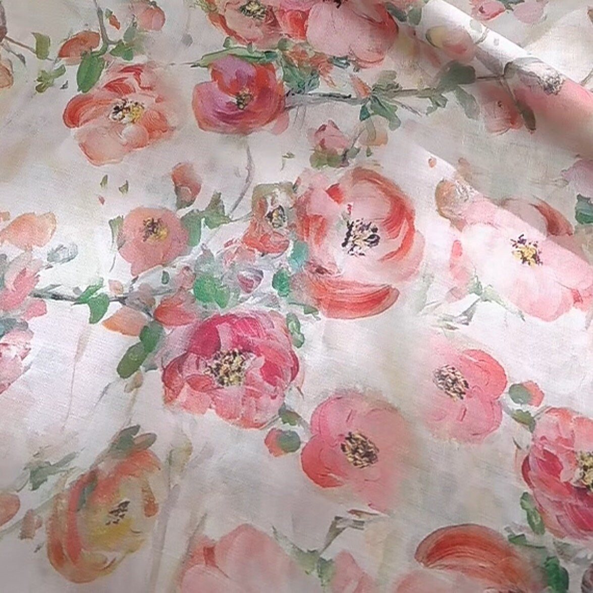 CHAHUA Pink Camellia Print Ramie Fabric By the Yard