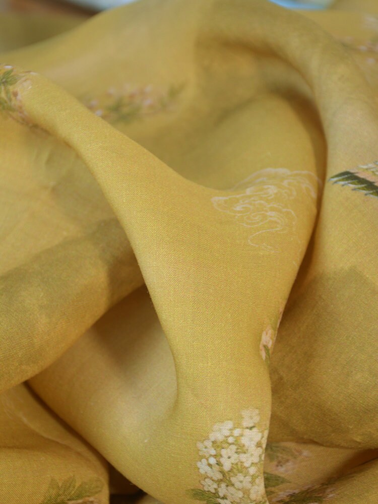 Flower Print Yellow Ramie Fabric By the Yard