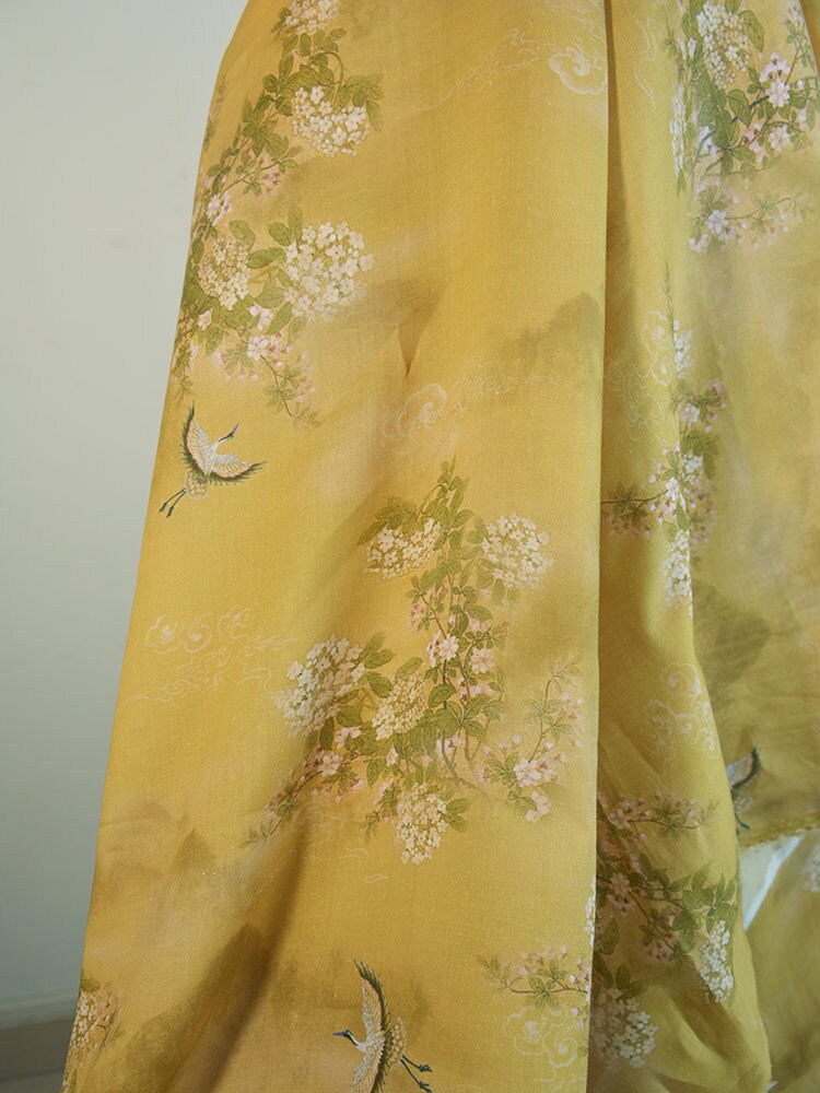 Flower Print Yellow Ramie Fabric By the Yard