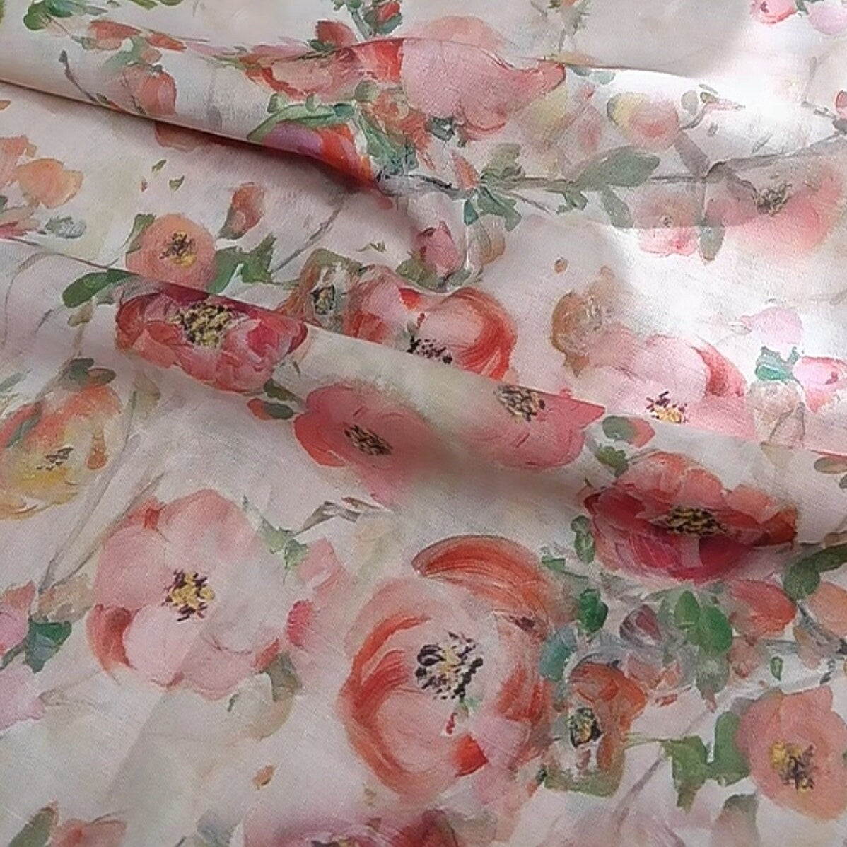 CHAHUA Pink Camellia Print Ramie Fabric By the Yard