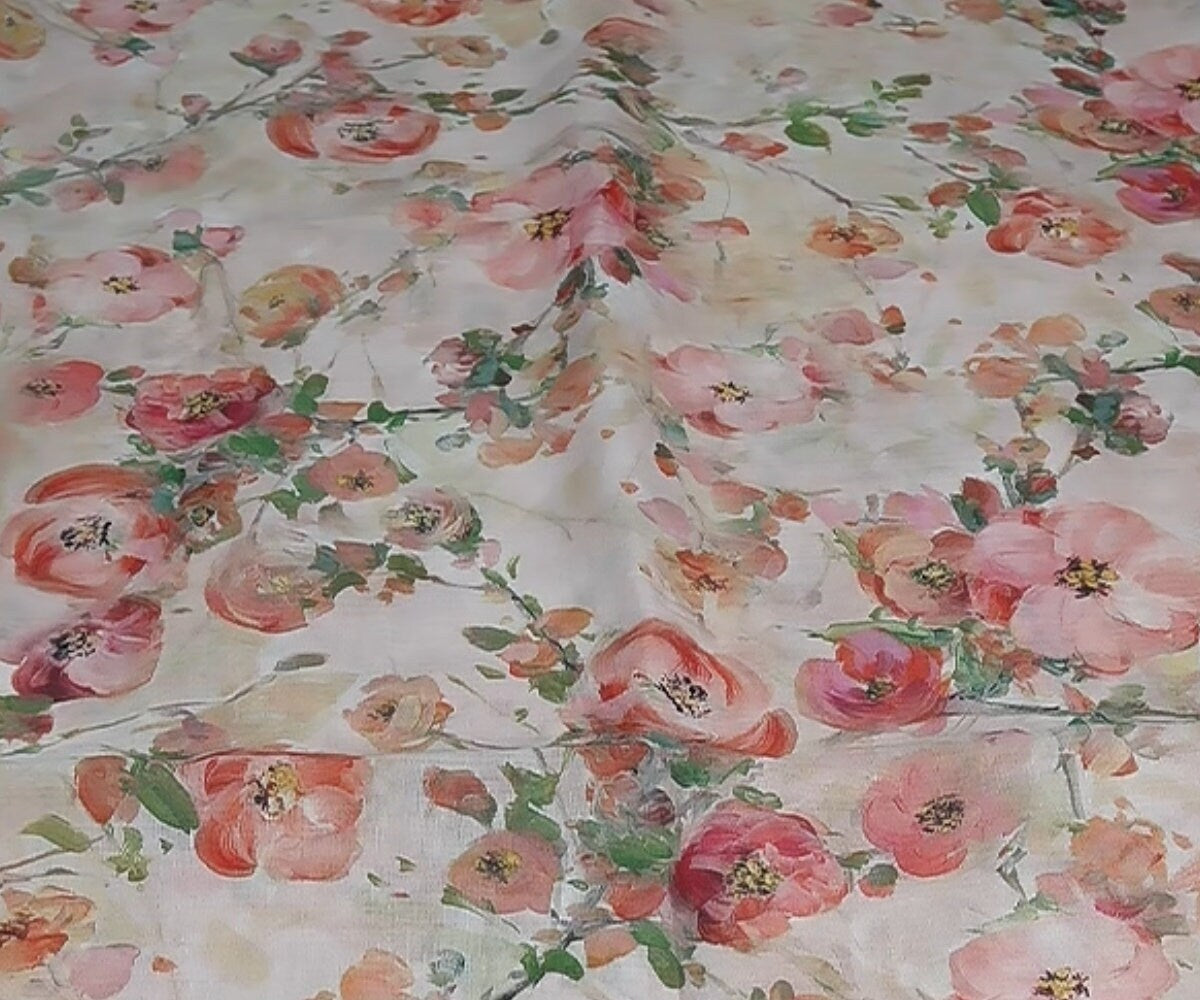 CHAHUA Pink Camellia Print Ramie Fabric By the Yard