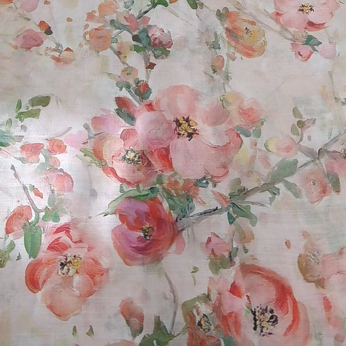 CHAHUA Pink Camellia Print Ramie Fabric By the Yard