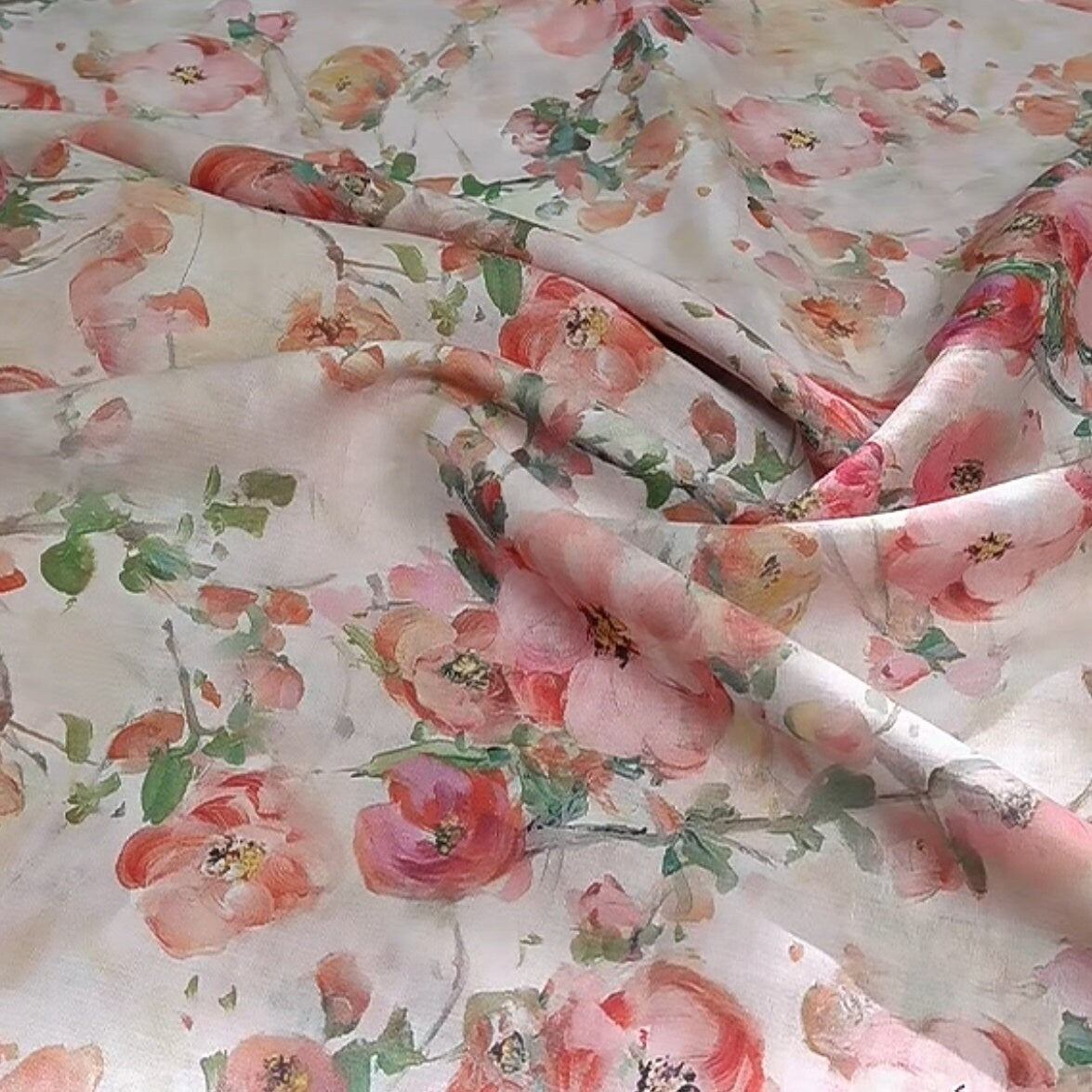 CHAHUA Pink Camellia Print Ramie Fabric By the Yard