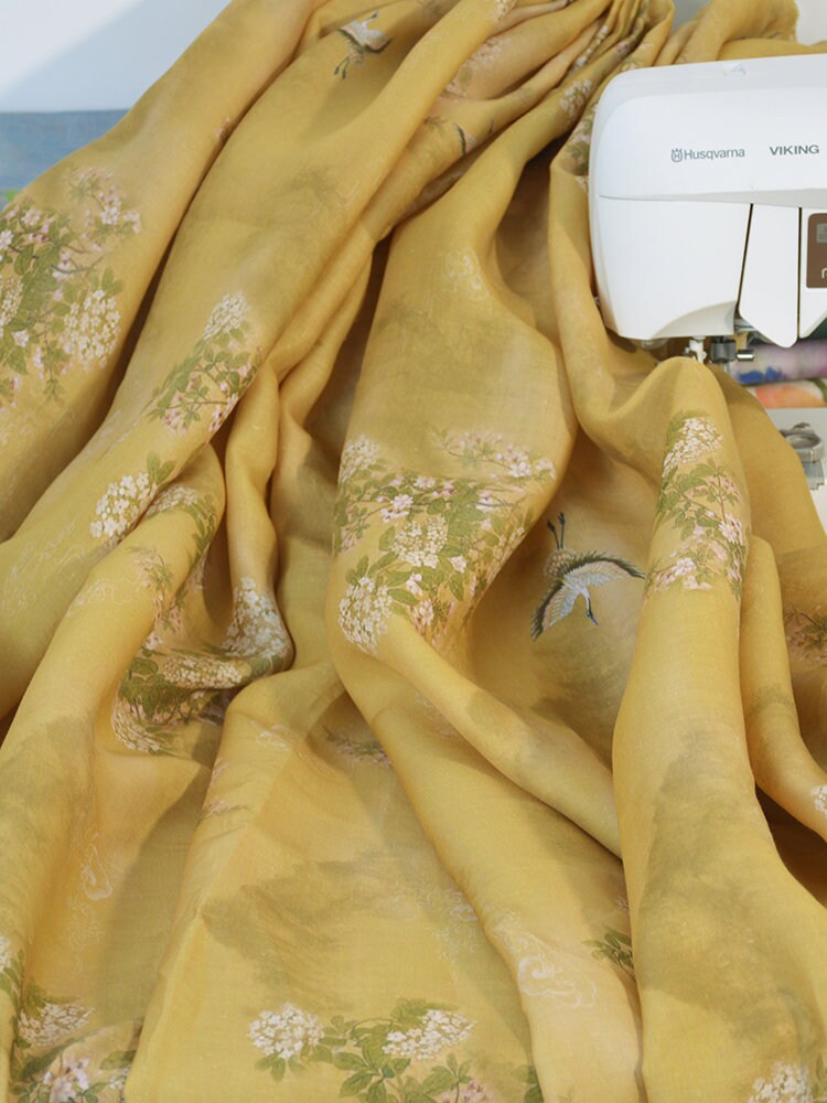 Flower Print Yellow Ramie Fabric By the Yard