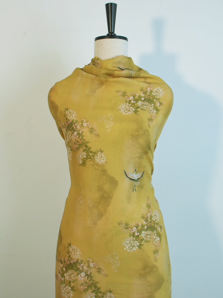 Flower Print Yellow Ramie Fabric By the Yard