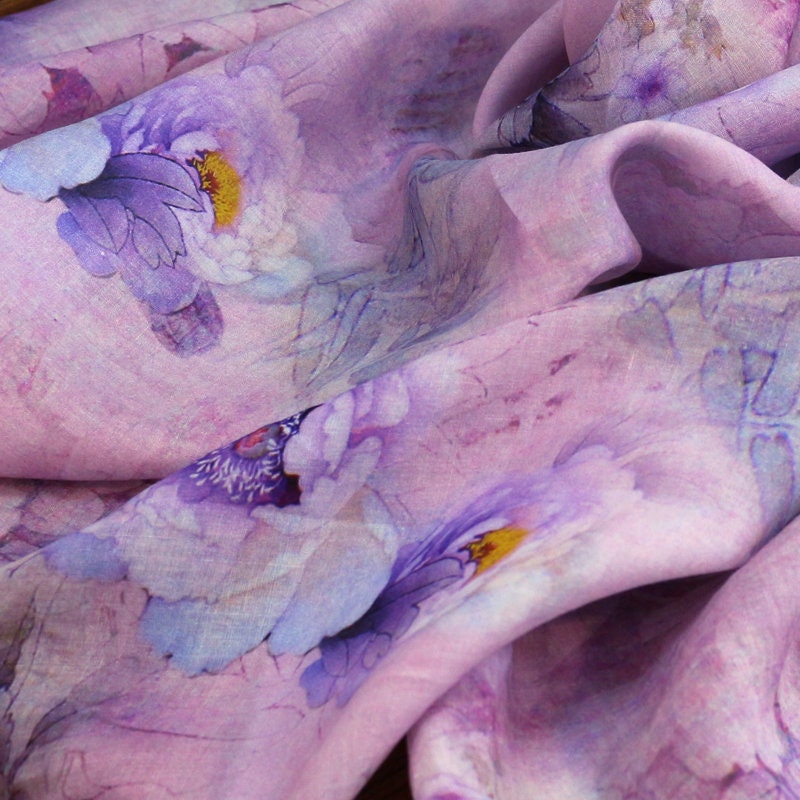 Peony Floral Print Ramie Fabric By the Yard