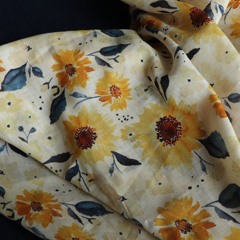 SHUICAIKUI Watercolor Sunflower Print Ramie Fabric By the Yard