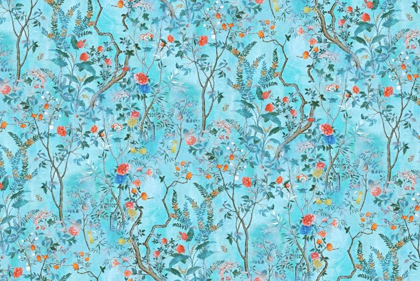 LIUXU Beautiful Printed Pomegranate Blue Ramie fabric By the Yard
