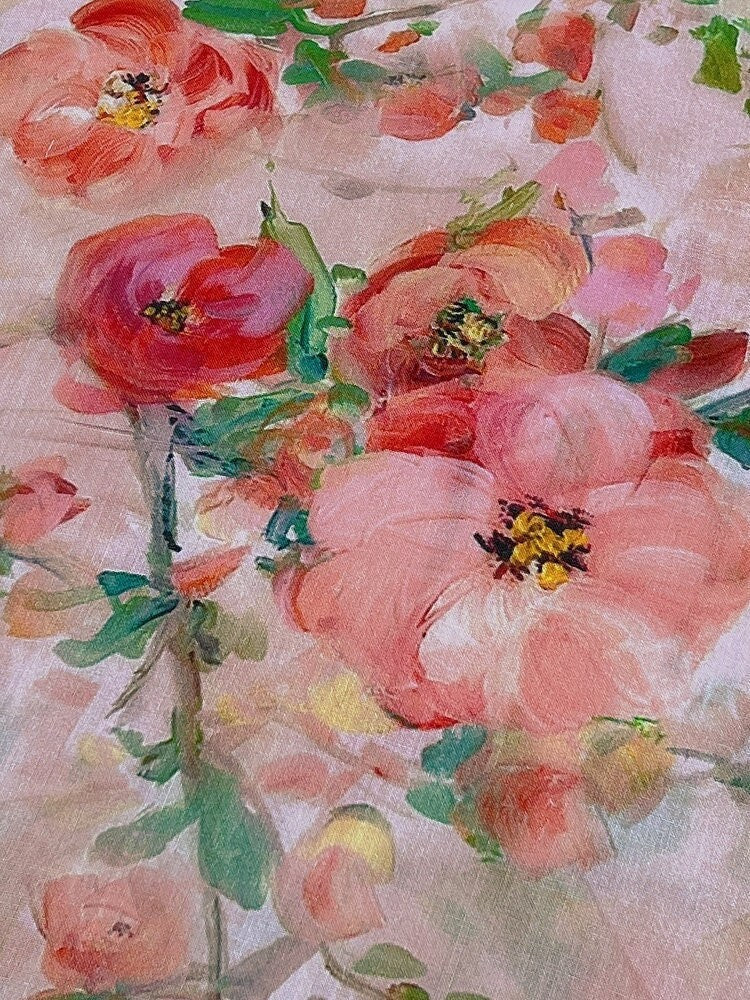 CHAHUA Pink Camellia Print Ramie Fabric By the Yard