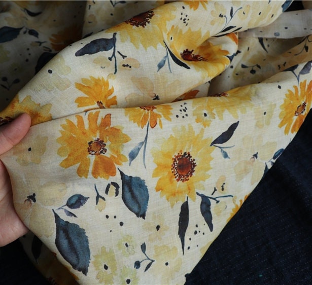 SHUICAIKUI Watercolor Sunflower Print Ramie Fabric By the Yard