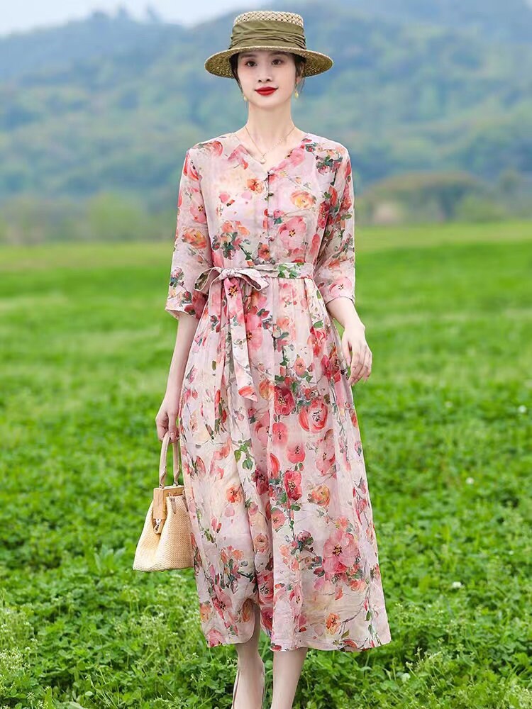 CHAHUA Pink Camellia Print Ramie Fabric By the Yard