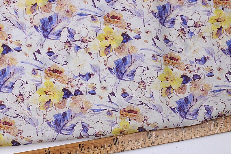 ZIKUI - Flowers Print Ramie Fabric - 140cm wide by the Yard