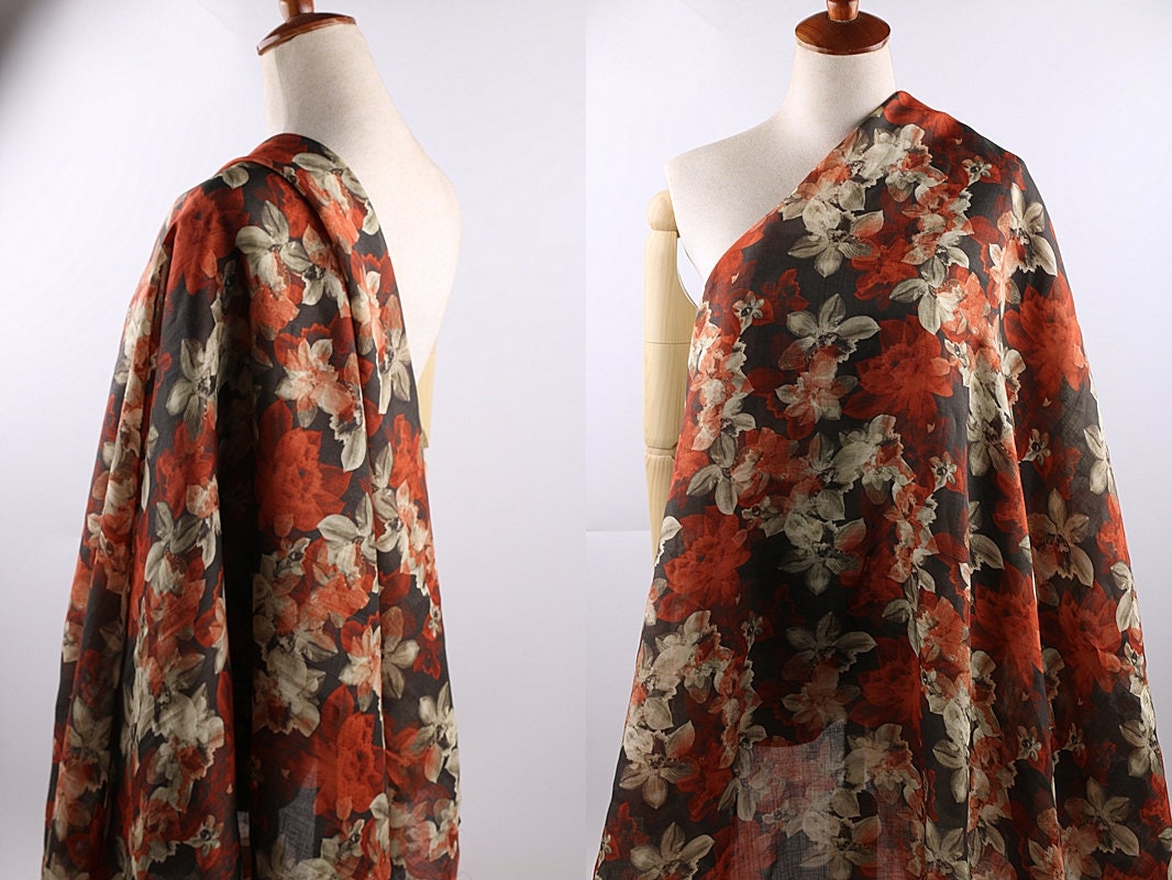 CHUHONG - Flowers Print Ramie Fabric - 140cm wide by the Yard
