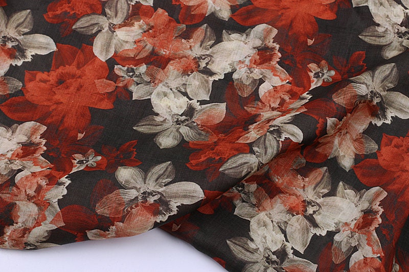 CHUHONG - Flowers Print Ramie Fabric - 140cm wide by the Yard