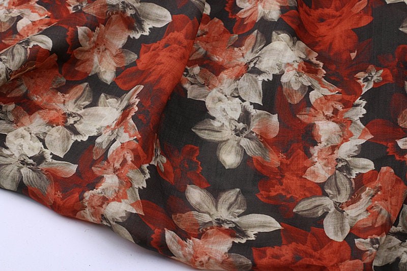 CHUHONG - Flowers Print Ramie Fabric - 140cm wide by the Yard